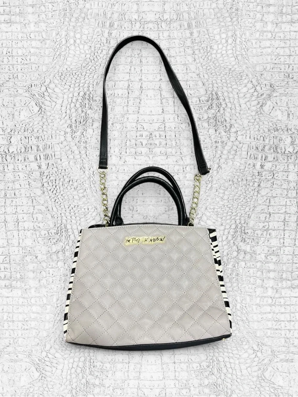 Betsey Johnson Quilted Satchel with Black Trim and Striped Sides
